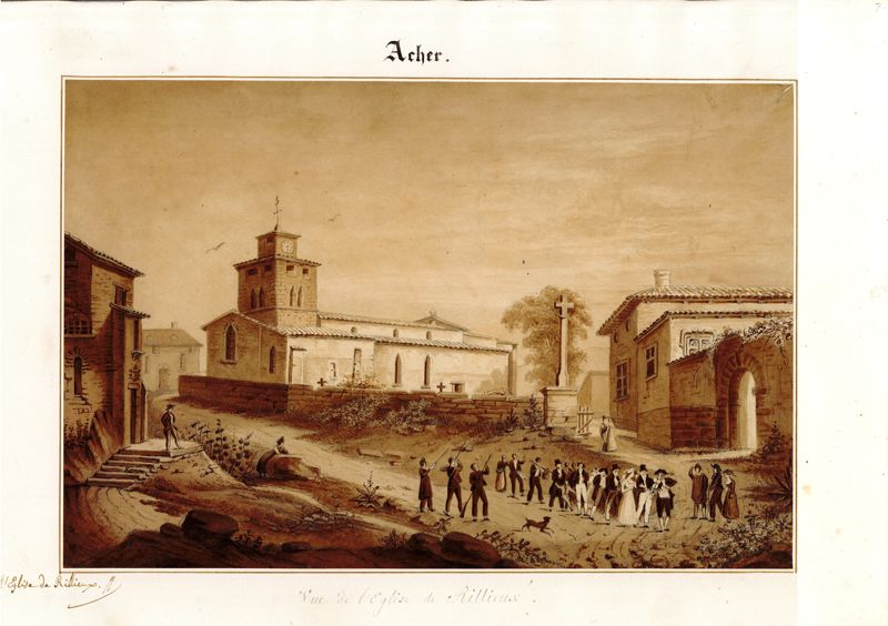 Vue de l'église de Rillieux, avec un cortège de mariage, par Charles ACHER
