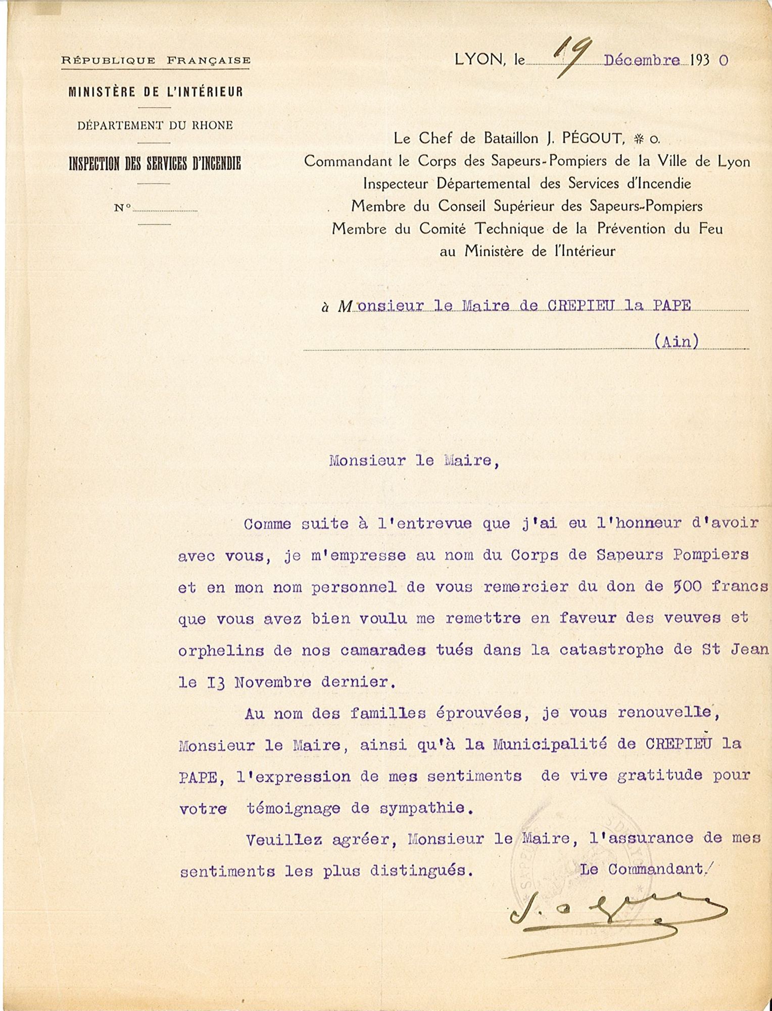 Courrier de remerciement des Sapeurs-pompiers, 19 décembre 1930