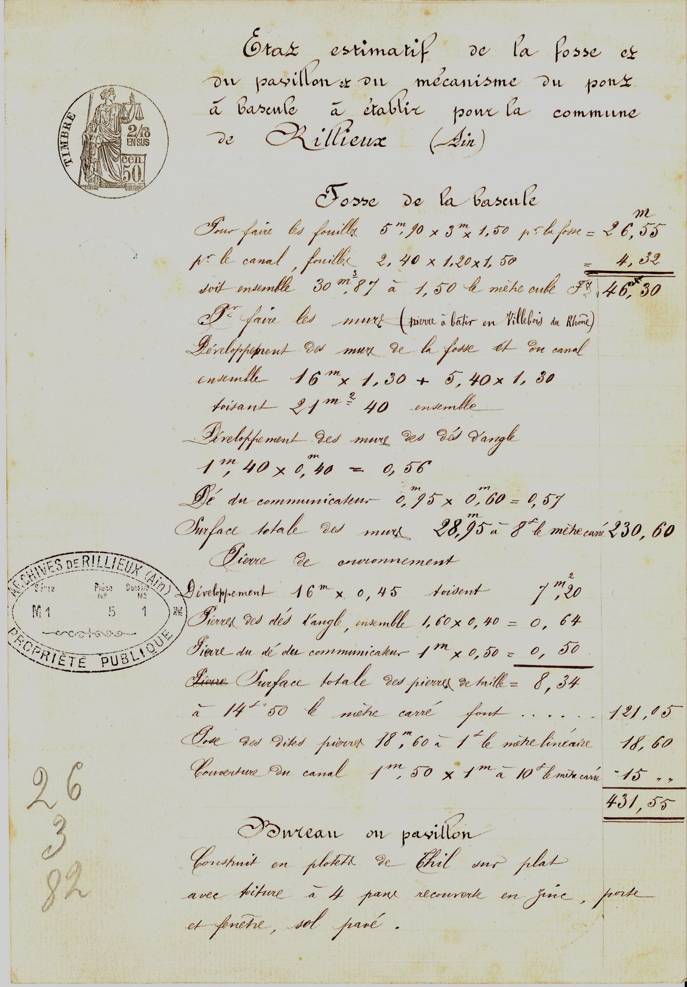 Estimation pont à basule, mars 1882 [MM1/1]