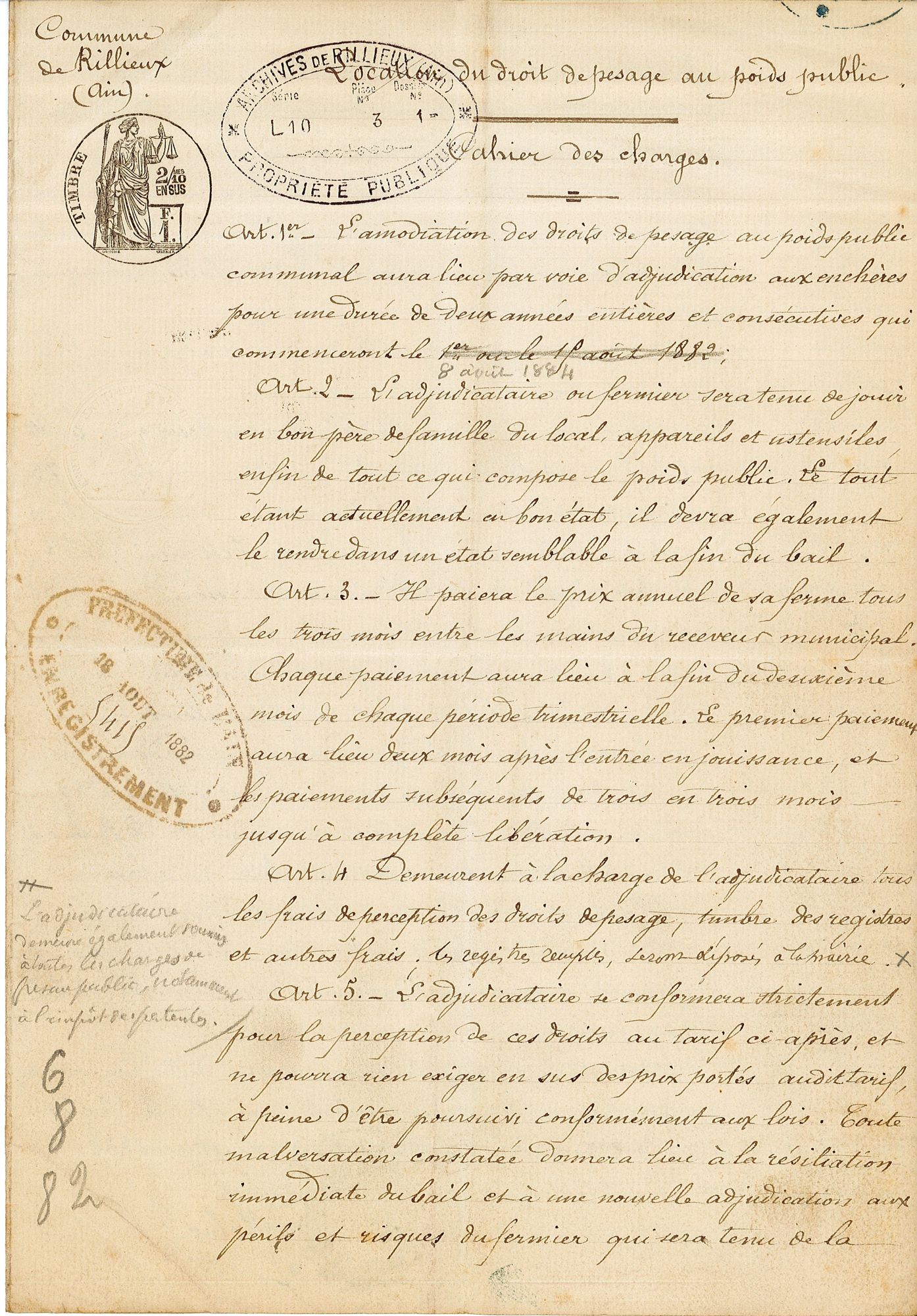 Location du droit de pesage du poids public, 1882 [LL10/1]