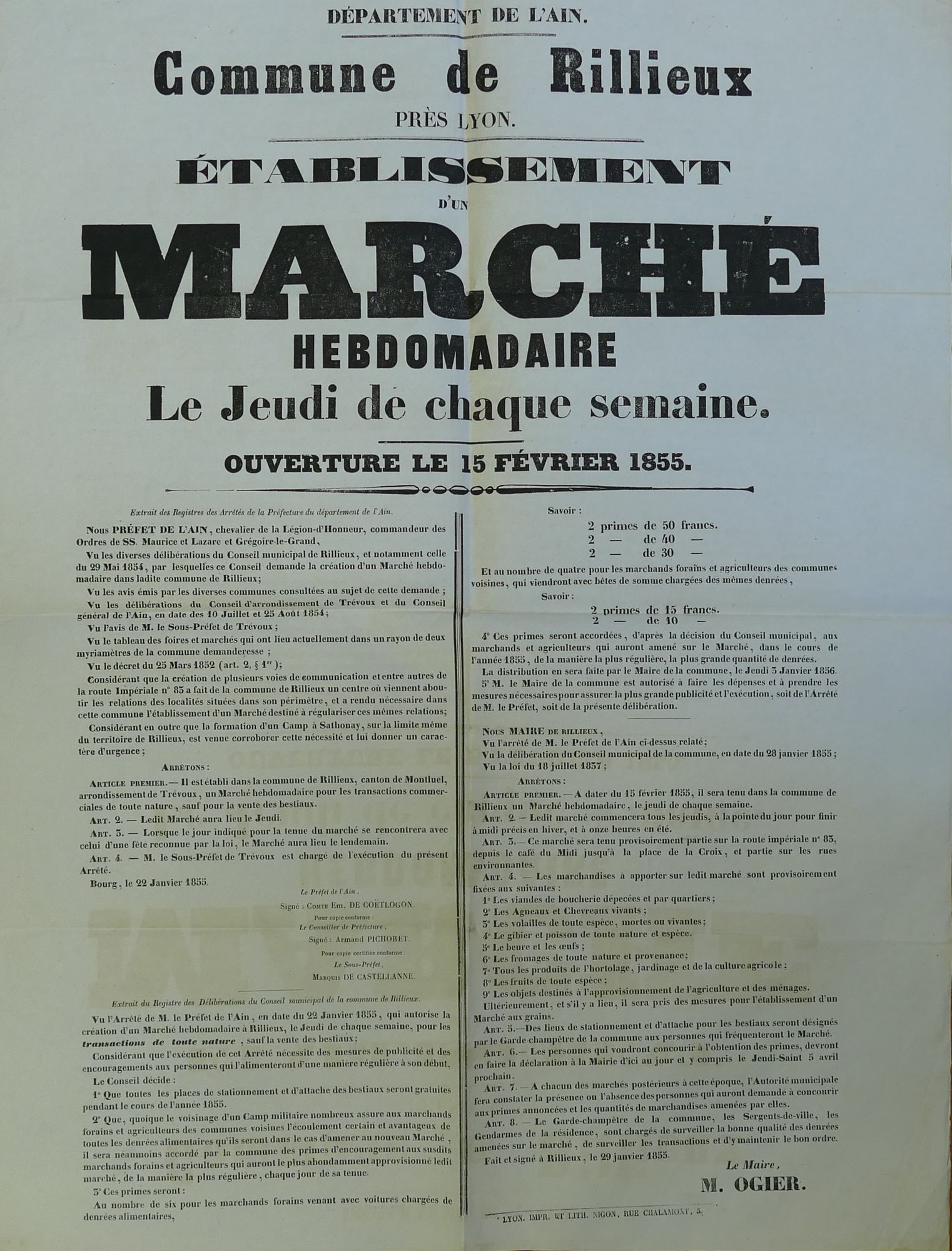 Affiche annonçant l'établissement d'un marché hebdomadaire à Rillieux le 15 février 1855 [FF9/1]