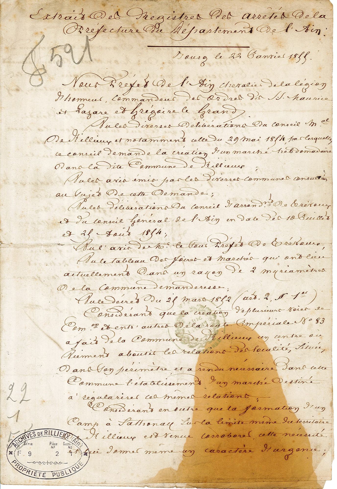 Arrêté du préfet, 22 janvier 1855, [FF9/1]