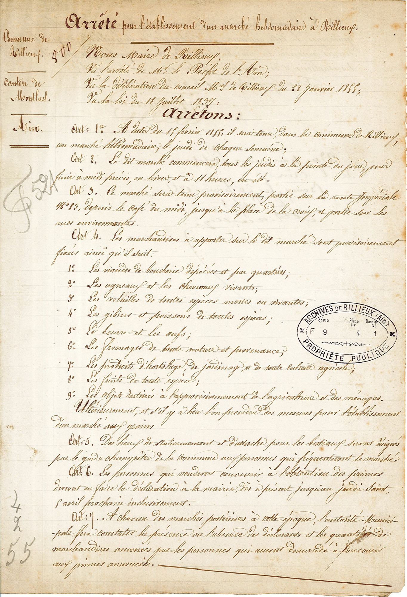 Arrêté du Maire, 04 février 1855 [FF9/1]