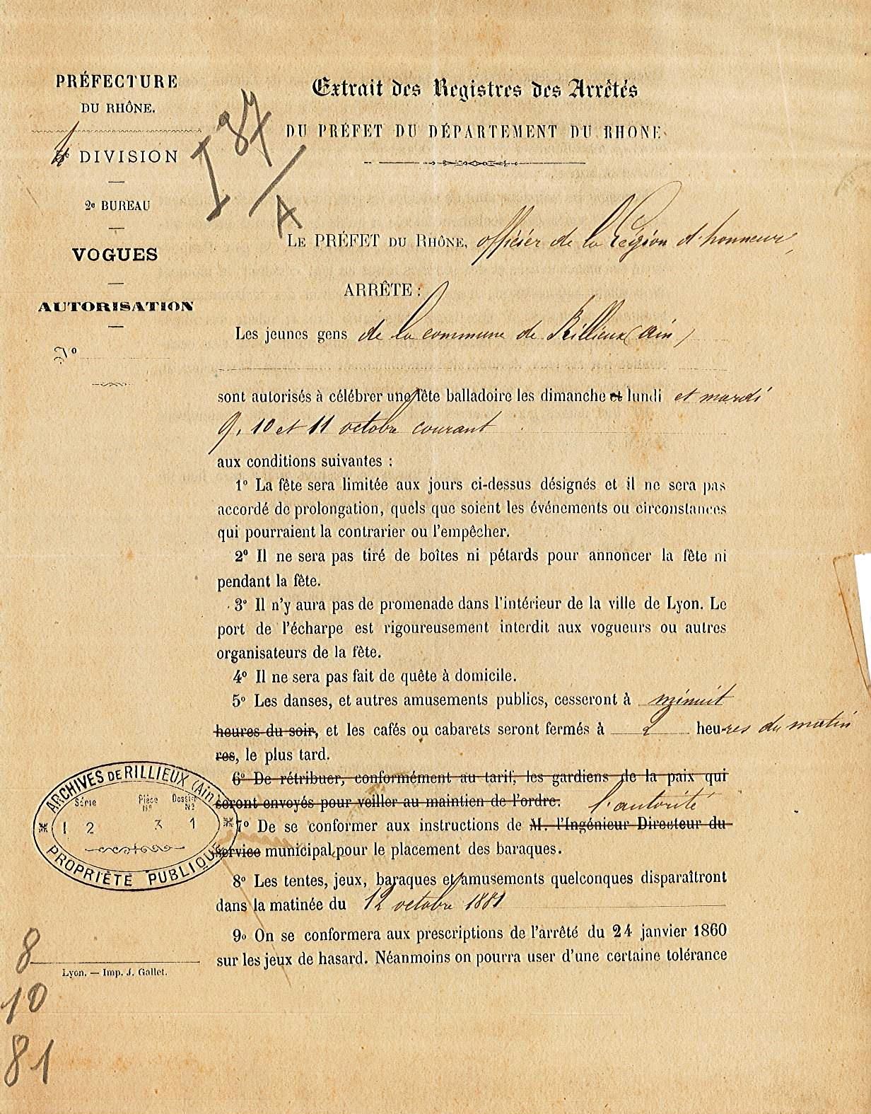 Autorisation préfectorale, 08 octobre 1881 [DD1]
