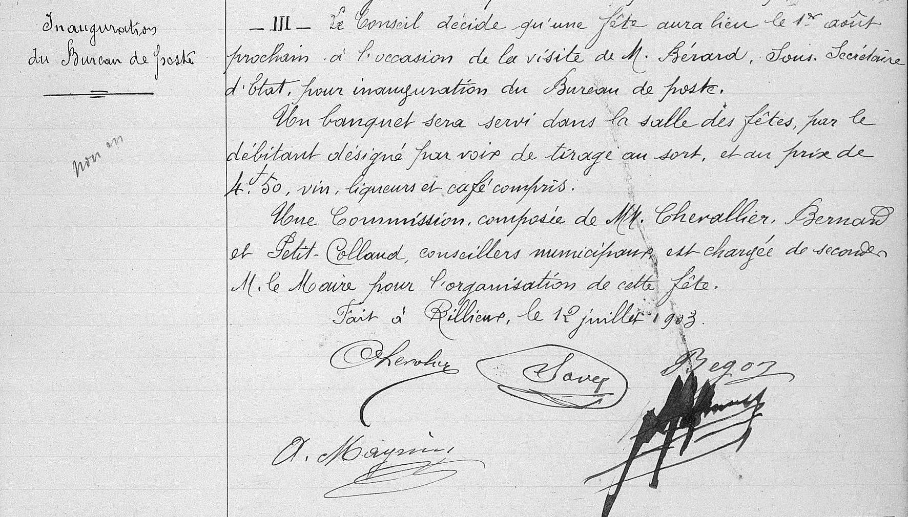 Inauguration d'un bureau de poste à Rillieu, délibération du Conseil municipal du 12 juillet 1903 [DD1/8]