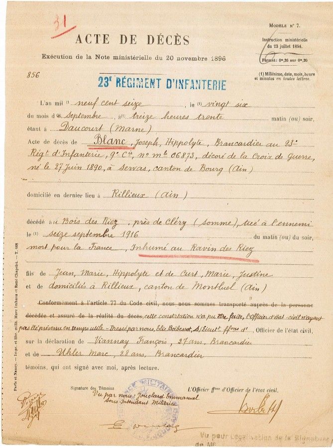 Acte de décès de Joseph Hippolyte Blanc, 26 septembre 1916