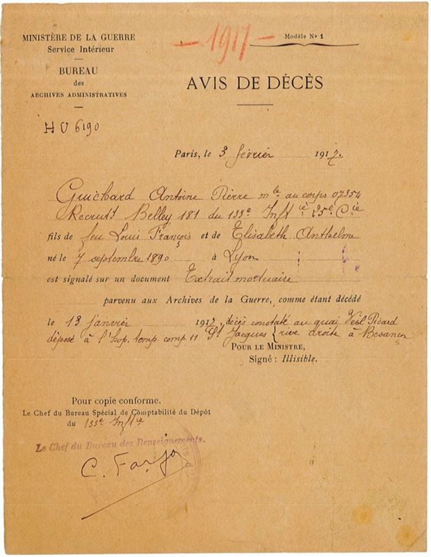 Avis de décès d'Antoine Guichard, le 13 janvier 1912 [4H2/1]