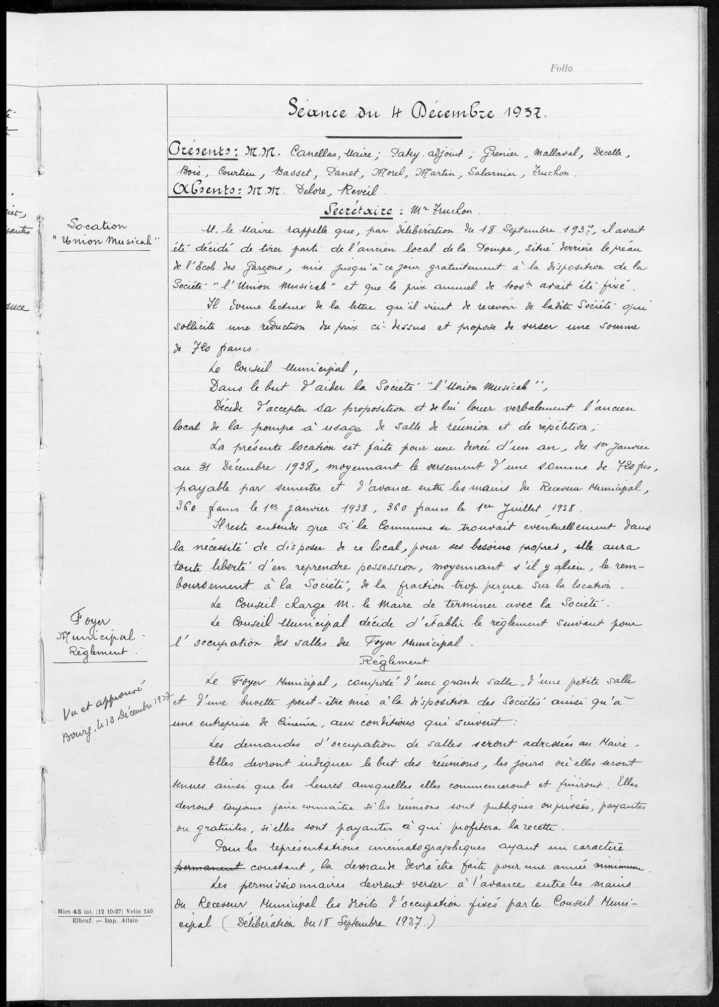 Délibération municipale, séance du 4 décembre 1937