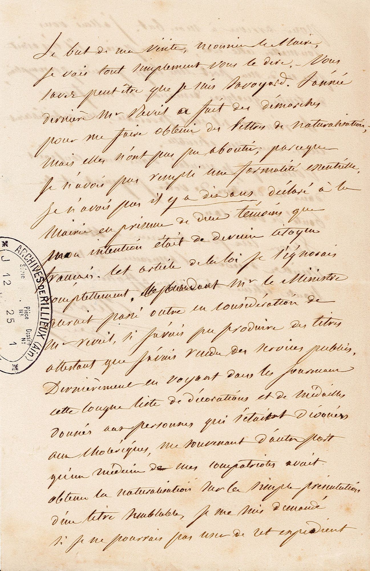 Lettre d'un médecin savoyard à Monsieur le Maire, le 7 septembre 1854 [JJ12/1]