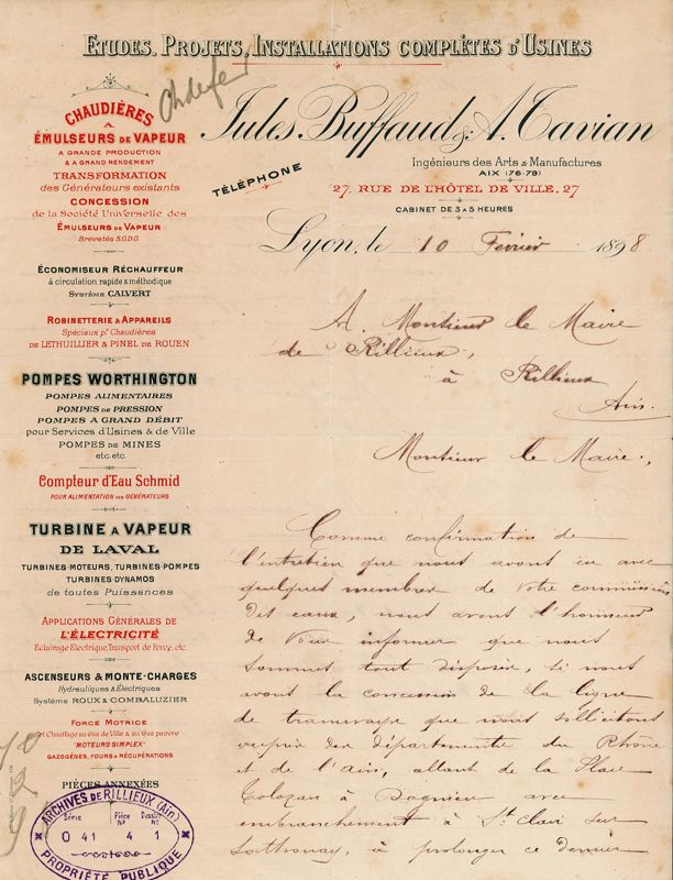 Lettre de Jules Buffaud & A. Tavian au Maire de Rillieux (extrait), le 10 février 1898 - OO41/1