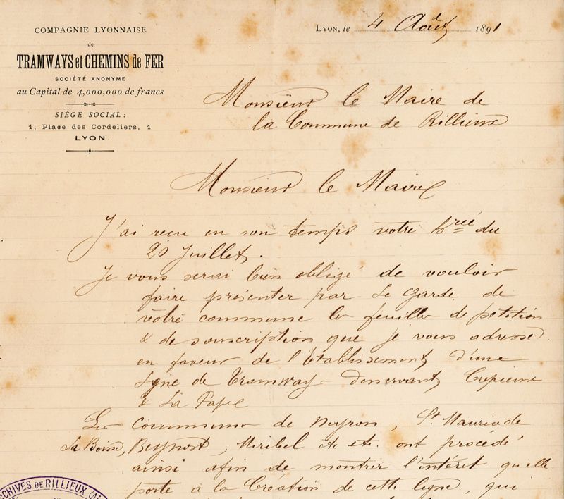 Lettre de la Compagnie lyonnaise de Tramways et Chemins de fer au Maire (extrait), le 4 août 1891 - OO41/1