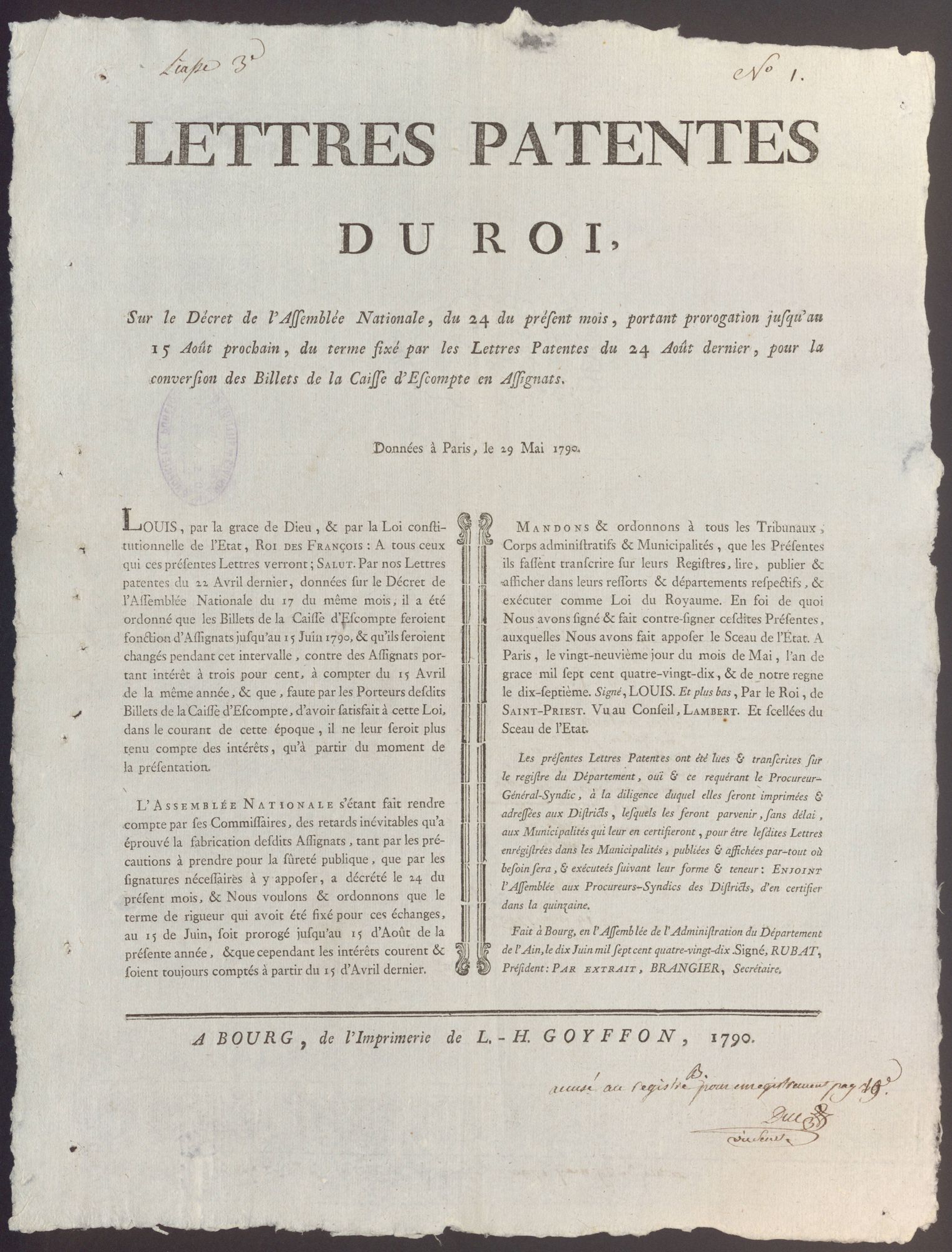 Lettres-patentes du Roi portant prorogation[...] pour la conversion des Billets de la Caisse d'Escompte et Assignats, 19 mai 1790