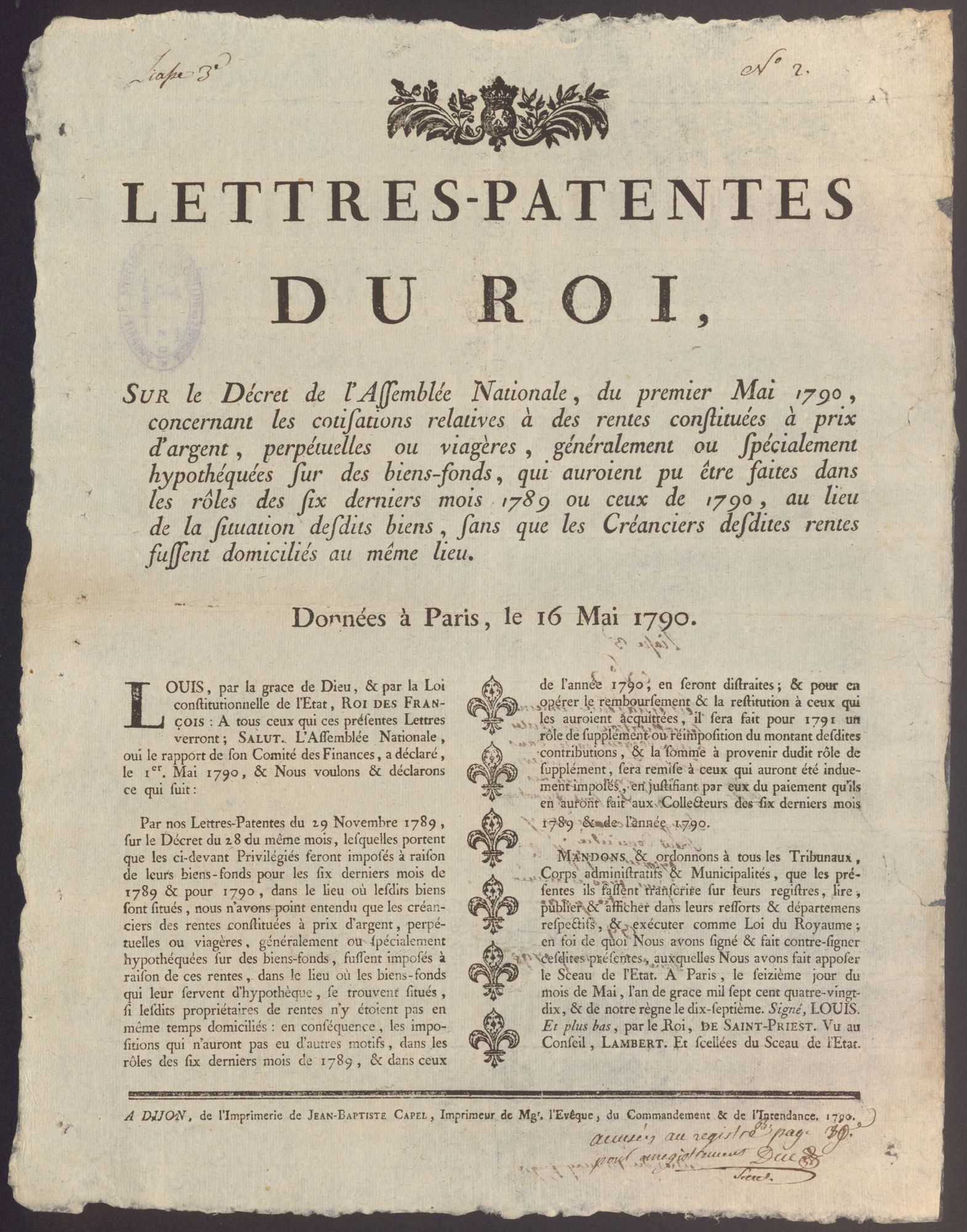 Lettres-patentes du Roi concernant les cotisations relatives à des rentes constituées à prix d'argent, perpétuelles ou viagères [...], 16 mai 1790