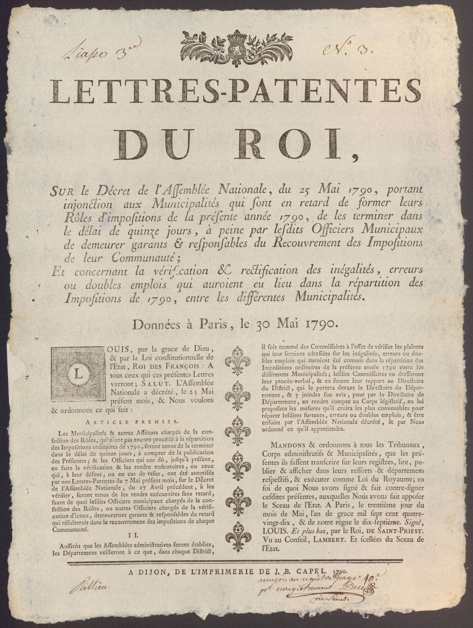 Lettres-patentes du Roi portant interdiction aux Municipalités qui sont en retard de former leurs Rôles d'impositions de la présente année 1790, de les terminer dans le délai de quinze jours [...], 30 mai 1790