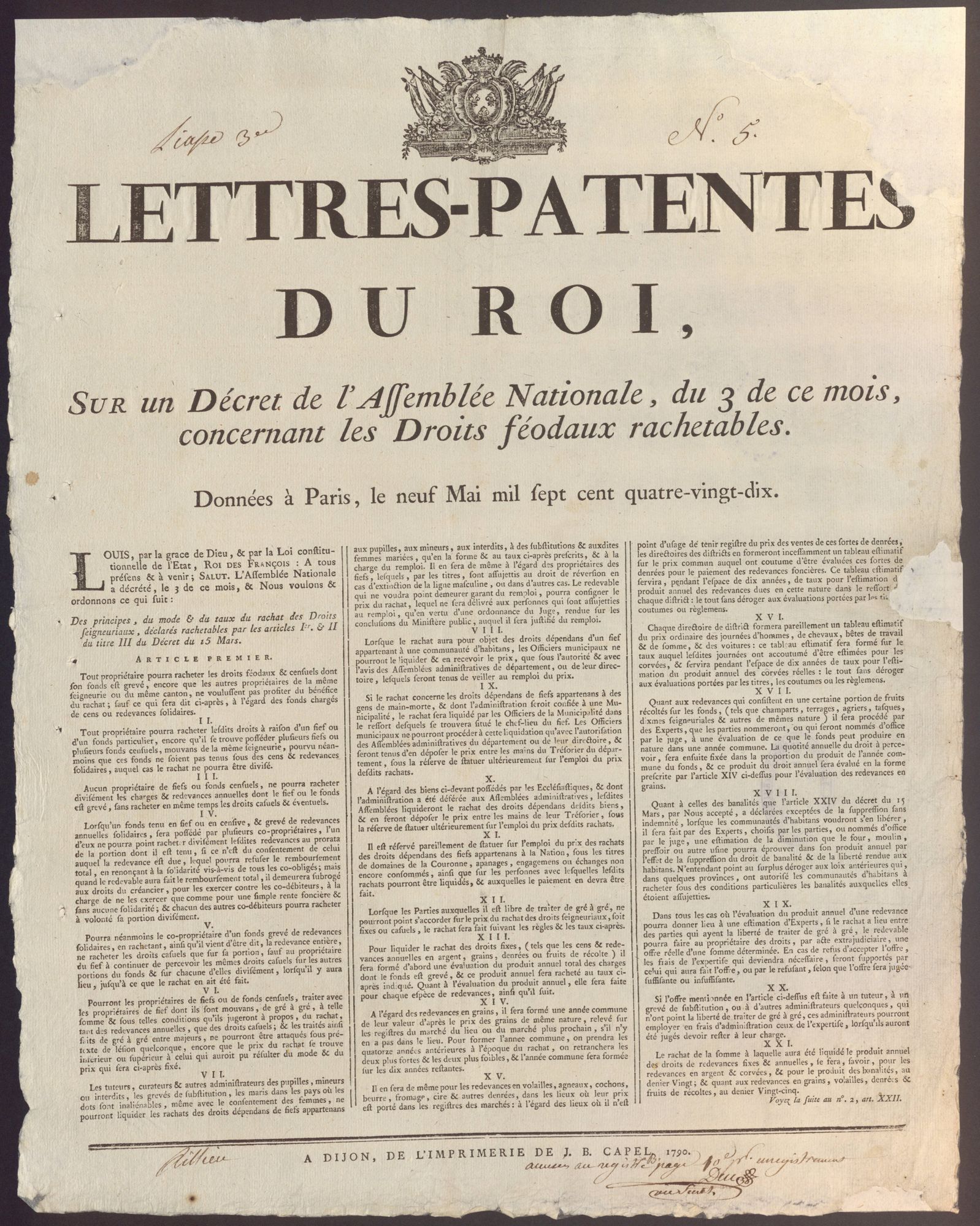 Lettres-patentes du Roi concernant les Droits féodaux rachetables, 9 mai 1790