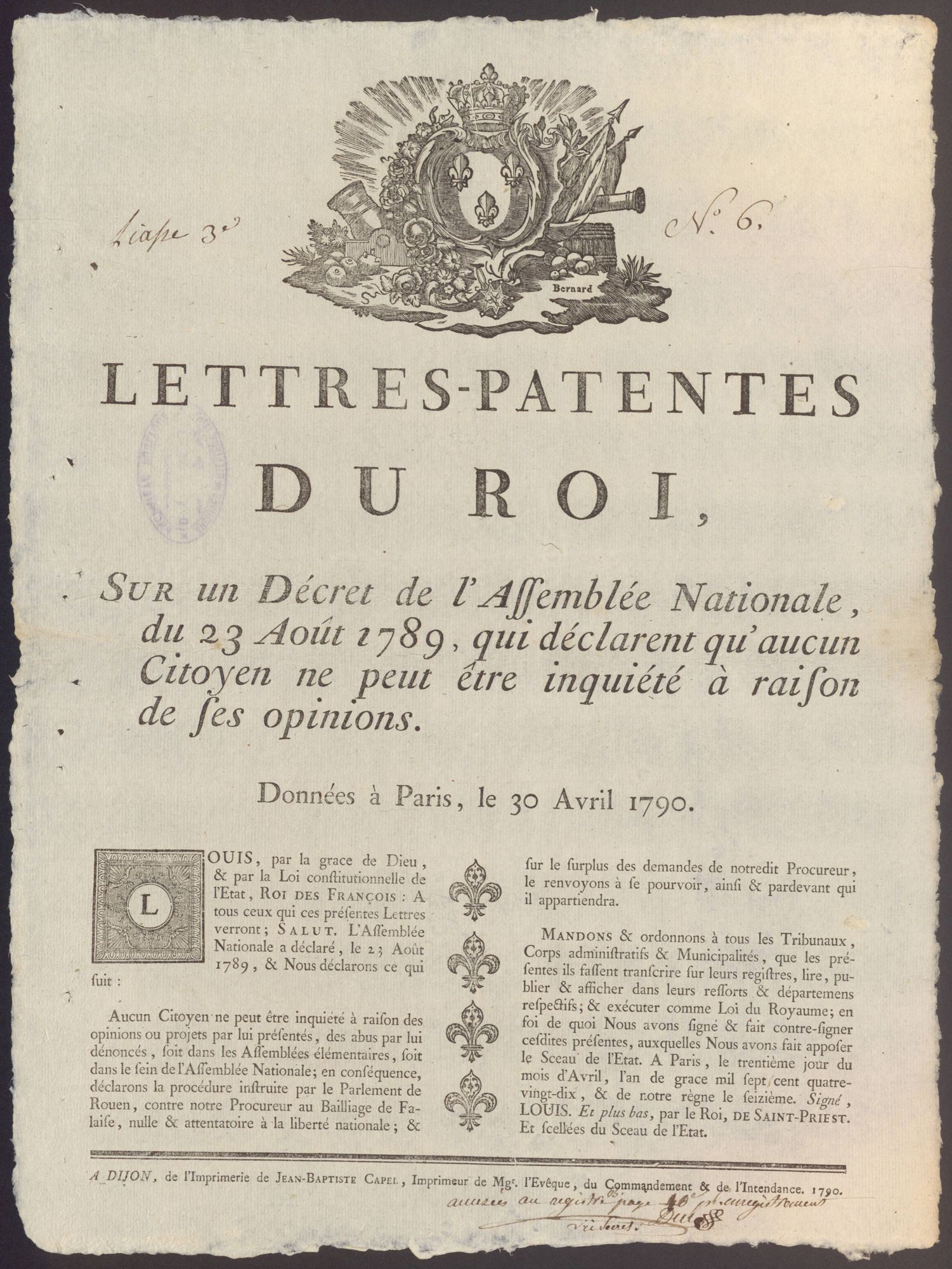 Lettres-patentes du Roi  qui déclarent qu'aucun Citoyen ne peut être inquiété à raison de ses opinions, 30 avril 1790