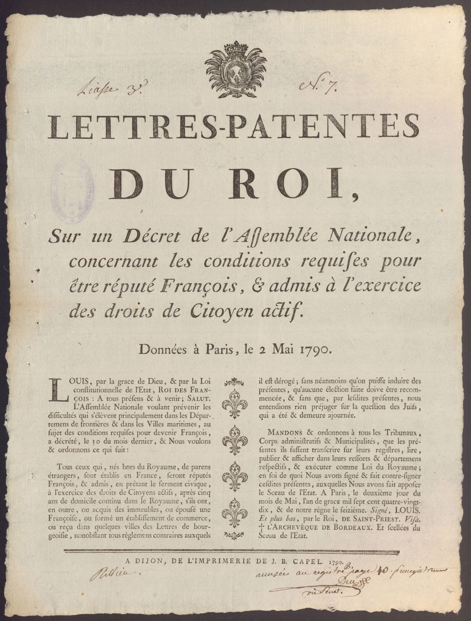 Lettres-patentes du Roi concernant les conditions requises pour être réputé François, et admis à l'exercice des droits de Citoyen actif, 2 mai 1790