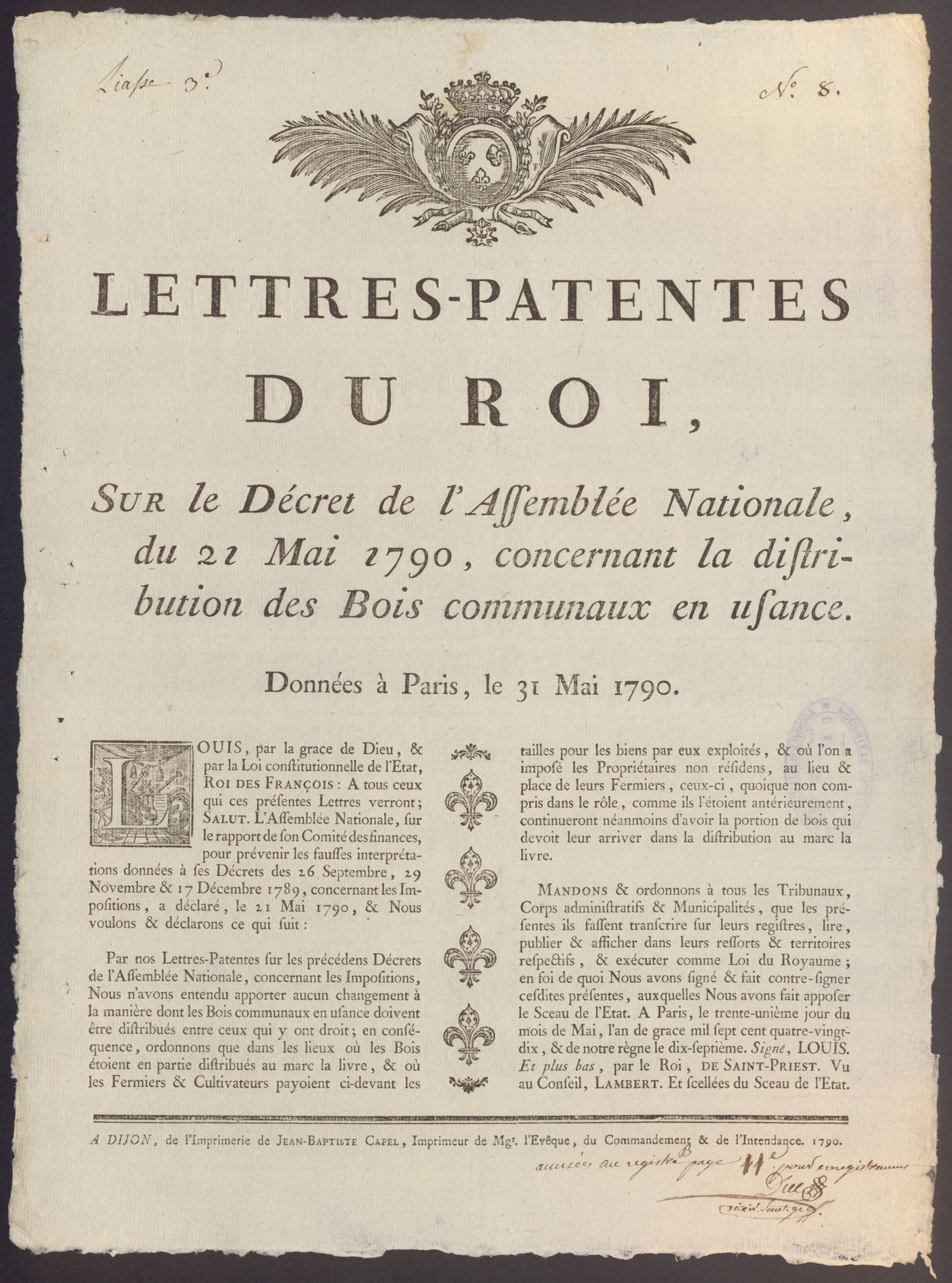 Lettres-patentes du Roi concernat la distributin des Bois communaux en usance, 31 mai 1790