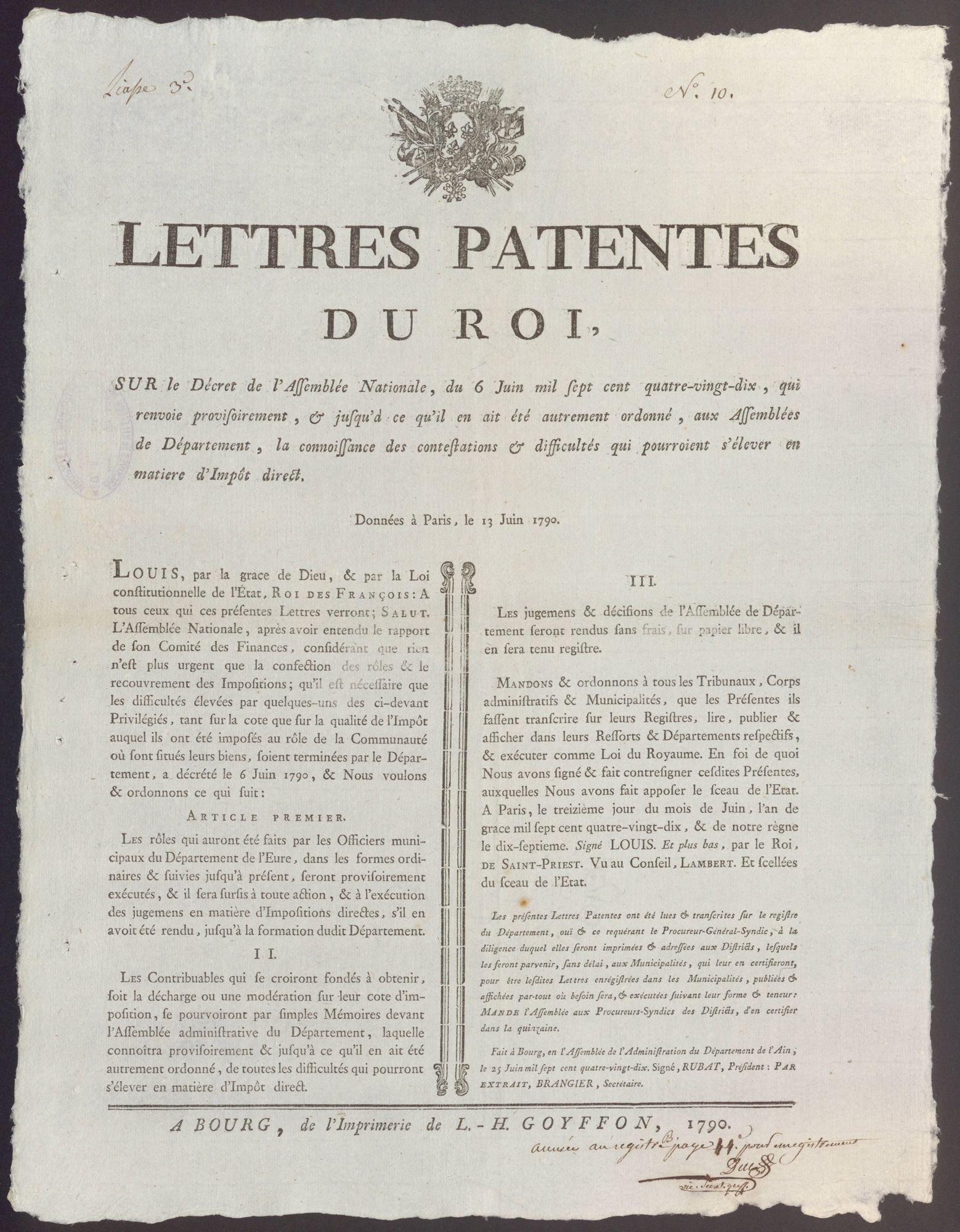 Lettres-patentes du Roi qui renvoien [...] aux Assemblées de Département, la connoissance des copntestations et difficultés qio pourroient s'élever en matière d'Impôt direct, 13 juin 1790
