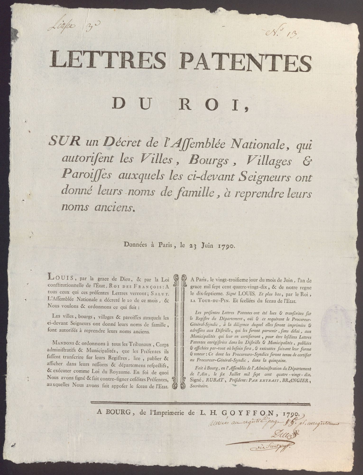 Lettres-patentes du Roi qui autorisent les Villes, Bourgs, Villages et Paroisses auxquels les ci-devant Seigneurs ont donné leurs noms de famille,  à reprendre leurs anciens noms, 23 juin 1790