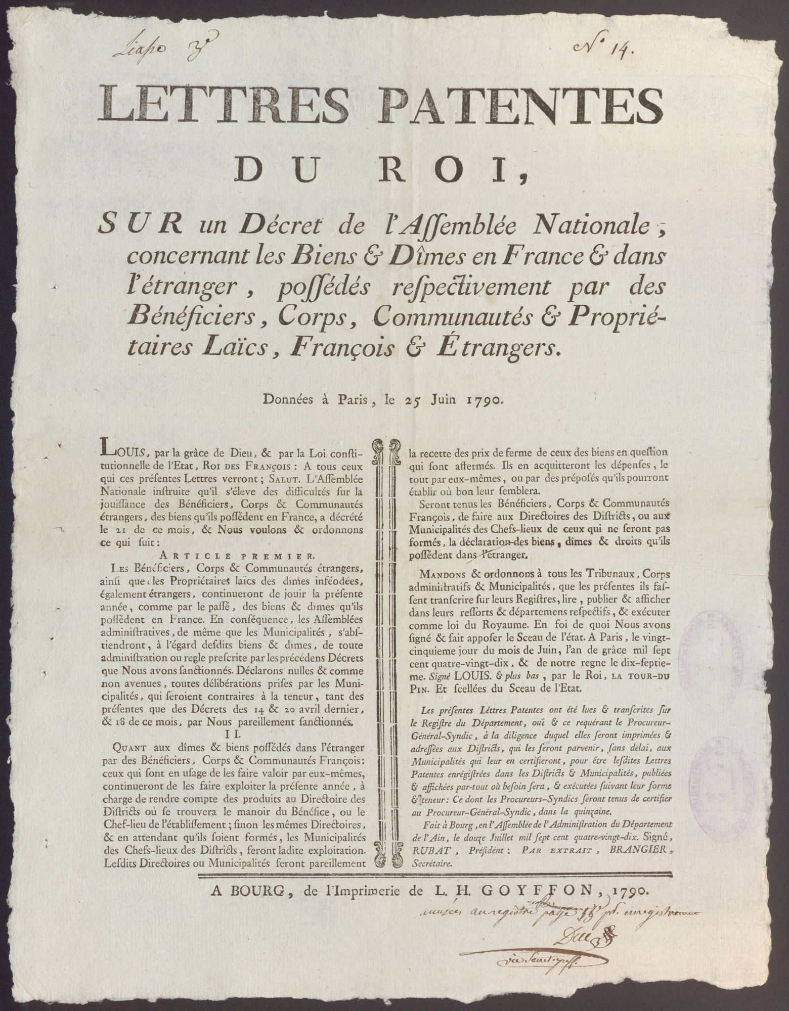 Lettres-patentes du Roi concernant les Biens et Dîmes en France et dans l'étranger, possésdés respectivement par des Bénéficiers, Corps, Communautés et Propriétaires Laïcs, François et Etrangers, 25 juin 1790