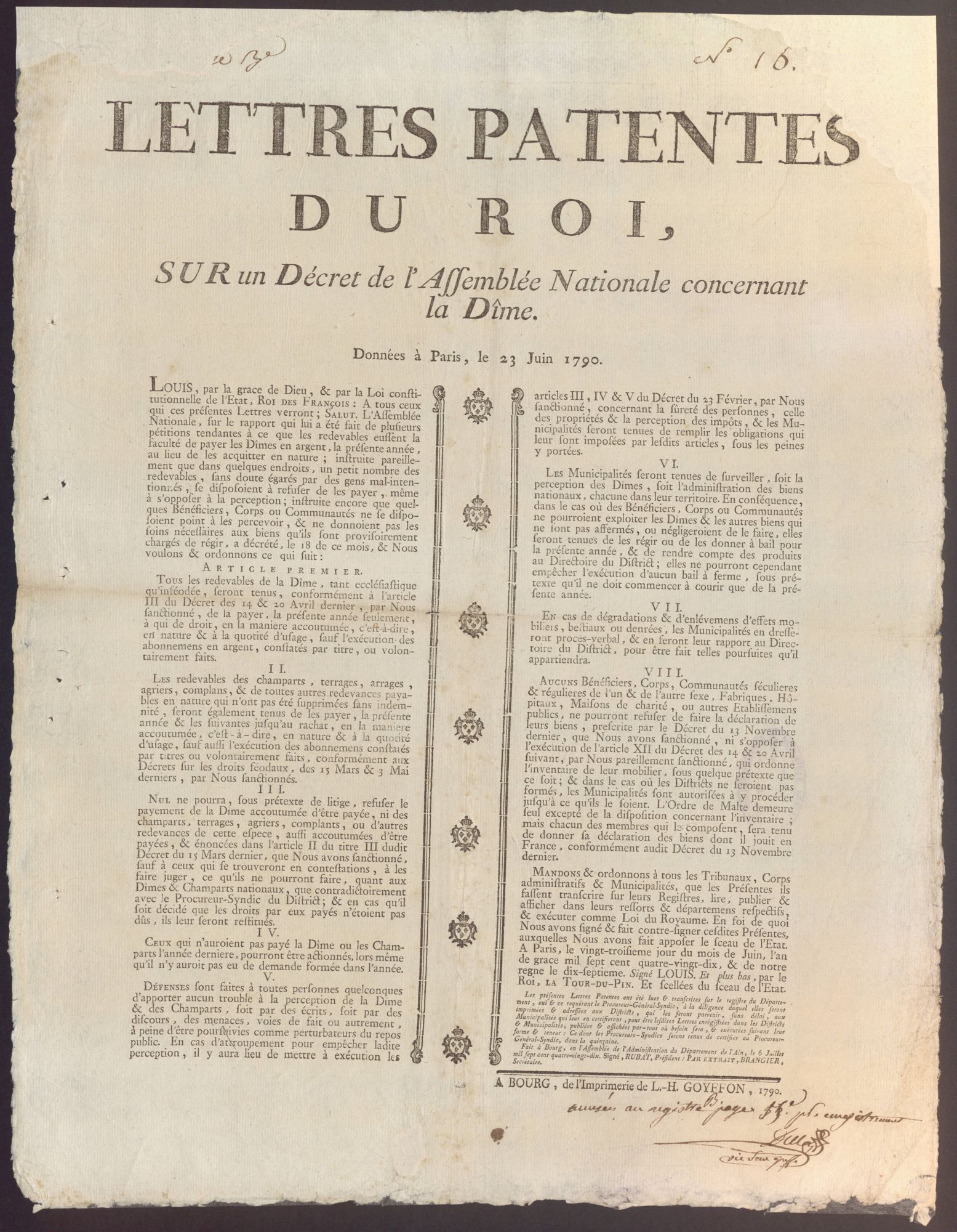 Lettres-patentes du Roi concernant la Dîme, 23 juin 1790