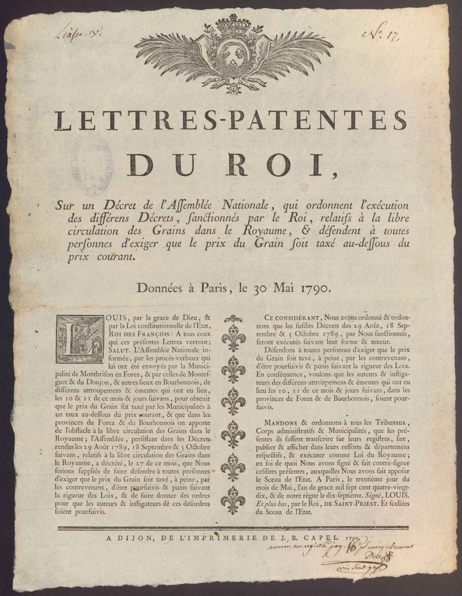 Lettres-patentes du Roi relatifs à la libre circulation des Grains dans le Royaume et défendent à toutes personnes d'exiger que le prix du Grain soit taxé au-dessous du prix courant, 30 mai 1790