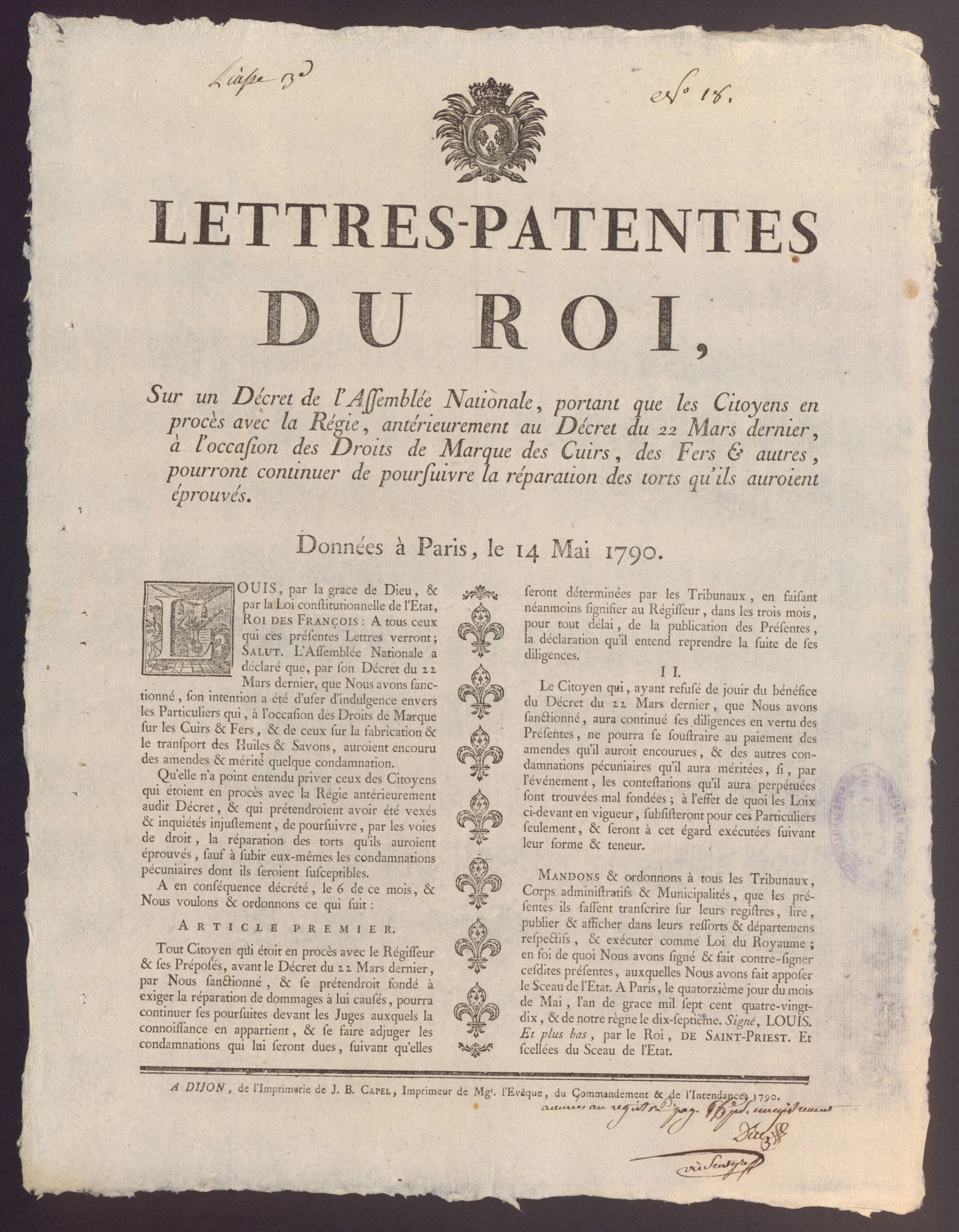Lettres-patentes du Roi portant que les Citoyens en procès avec la Régie [...] à l'occasion des Droits de marques des Cuirs, des Fers et autres, pourront continuer de poursuivre la réparation des torts qu'ils ouroient éprouvés, 14 mai 1790