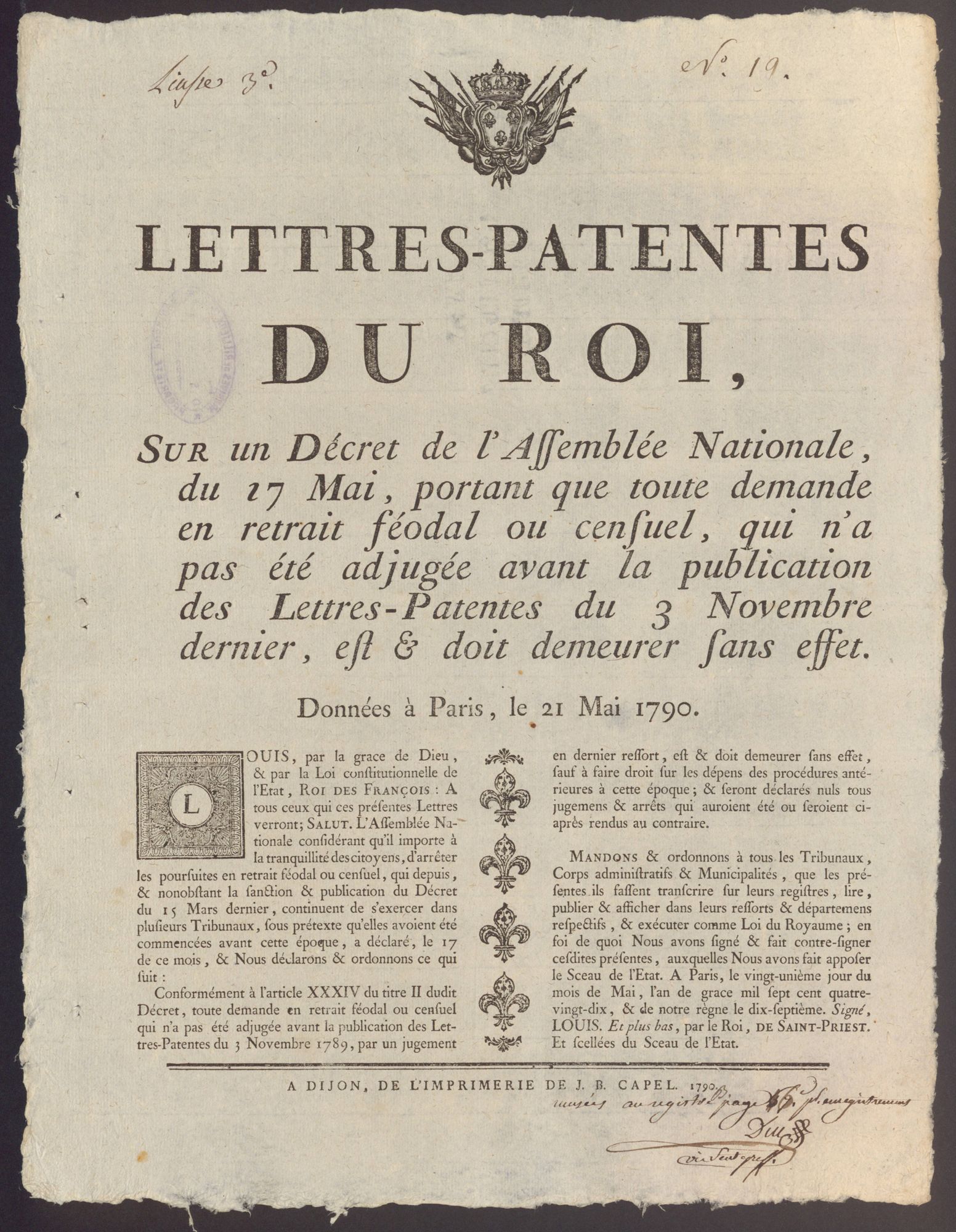 Lettres-patentes du Roi portant que toute demande en retrait féodal ou censuel, qui n'a pas été adjugé avant la publication des Lettres-patentes du 3 novembre dernier, est et doit demeurer sans effet, 21 mai 1790